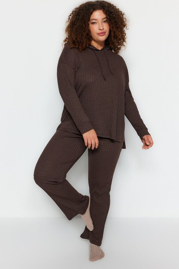 Trendyol Trendyol Curve Brown Hooded Relaxed Camisole Plus Size Bottom-Top Set