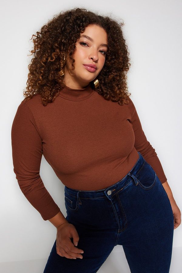 Trendyol Trendyol Curve Brown Stand Collar Bodycone Ribbed Knitted Blouse