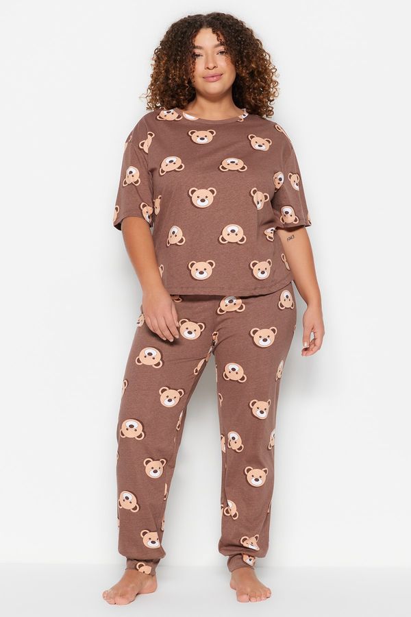 Trendyol Trendyol Curve Brown Teddy Bear Pattern Knitted Pajamas Set