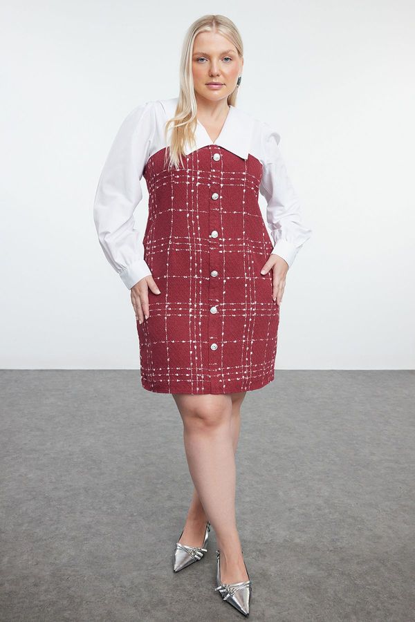 Trendyol Trendyol Curve Burgundy Tweed Woven Plus Size Dress