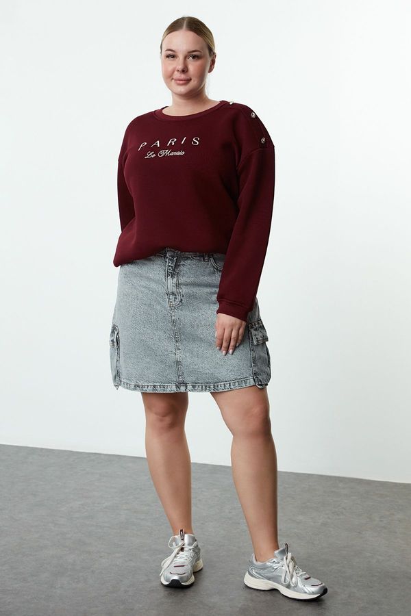 Trendyol Trendyol Curve Claret Red Crew Neck Button and Embroidered Fleece Inside Plus Size Knitted Sweatshirt