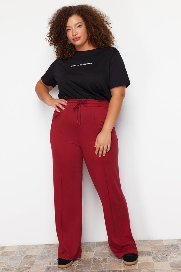 Trendyol Trendyol Curve Claret Red High Waist Wide Leg Knitted Trousers