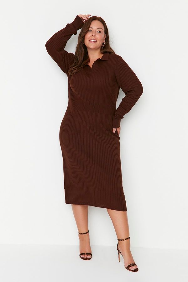 Trendyol Trendyol Curve Dark Brown Polo Neck Ribbed Knitwear Dress