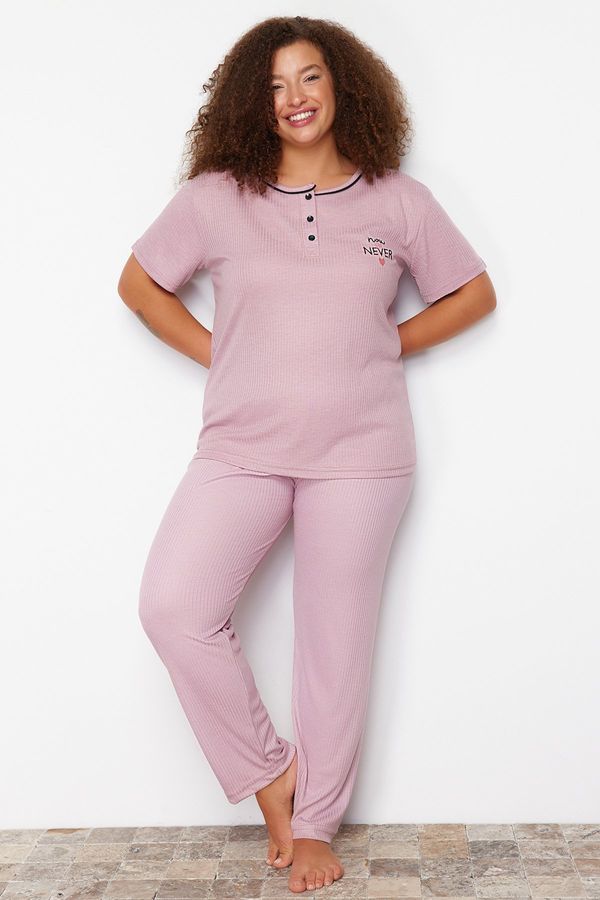 Trendyol Trendyol Curve Dried Rose Button Detailed Camisole Knitted Pajama Set