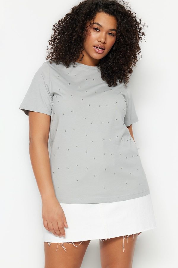Trendyol Trendyol Curve Gray Crew Neck Knitted T-shirt with Accessories