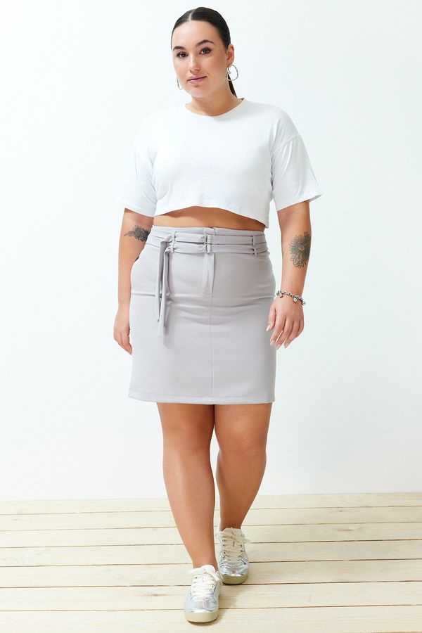 Trendyol Trendyol Curve Gray High Waist Double Belt Detailed Woven Skirt