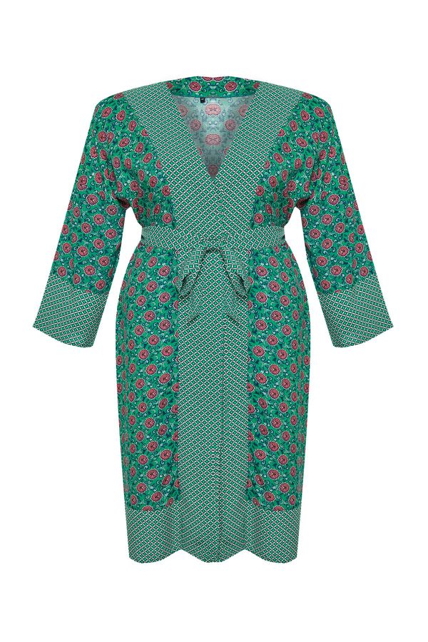 Trendyol Trendyol Curve Green Ethnic Patterned Belted Maxi Woven Kimono & Kaftan