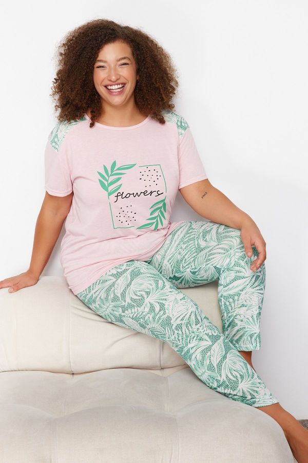 Trendyol Trendyol Curve Green Floral Pattern Knitted Pajamas Set