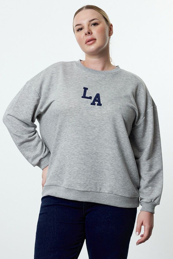 Trendyol Trendyol Curve Grey Oversize Embroidery Detailed Crew Neck Knitted Plus Size Sweatshirt