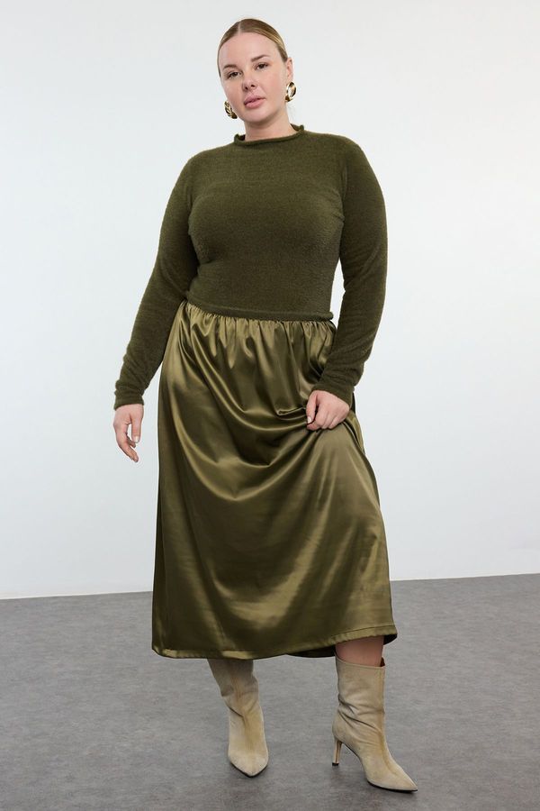 Trendyol Trendyol Curve Khaki Midi Length Satin Woven Mix Knitwear Dress