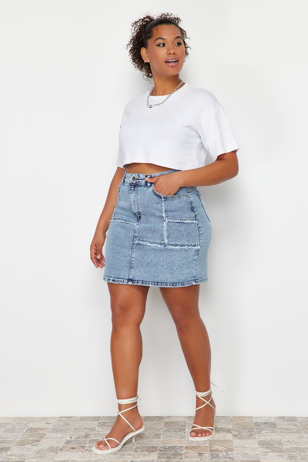 Trendyol Trendyol Curve Light Blue Stitching and Tassel Detailed Mini Denim Skirt