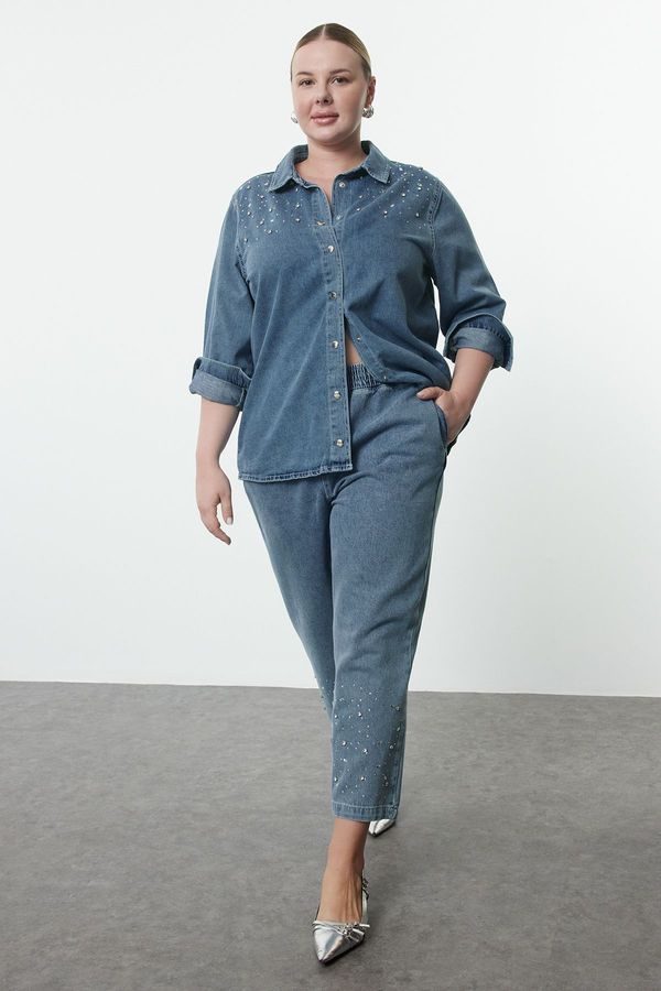 Trendyol Trendyol Curve Light Blue Stoned Plus Size Denim Shirt