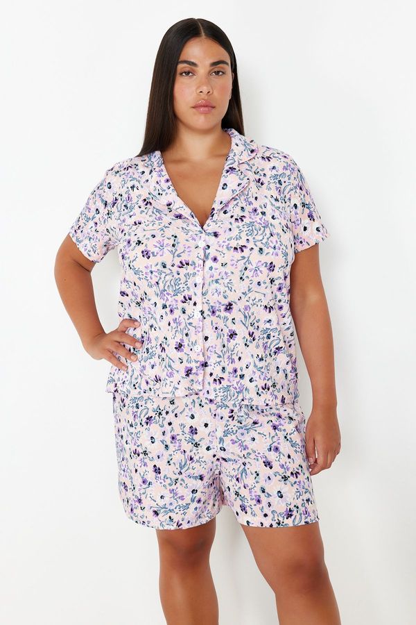 Trendyol Trendyol Curve Light Pink Floral Patterned Shirt Collar Knitted Pajama Set