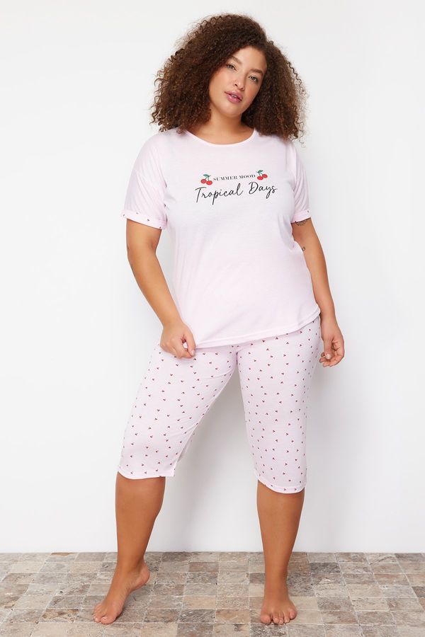 Trendyol Trendyol Curve Lilac Cherry Patterned Capri Knitted Pajamas Set