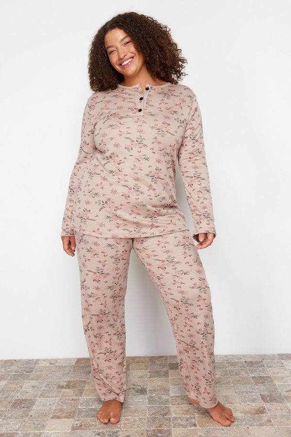 Trendyol Trendyol Curve Mink Flower Patterned Knitted Pajamas Set