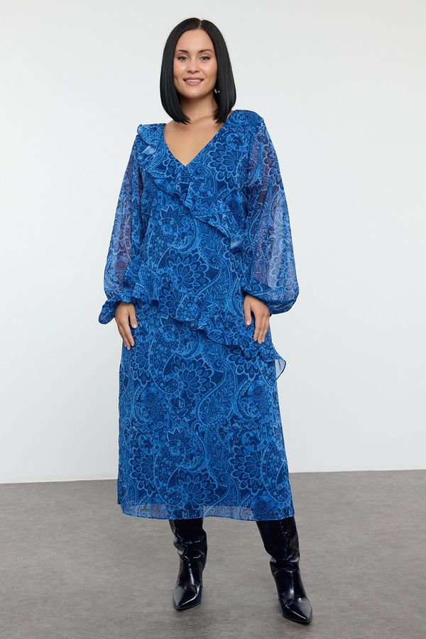 Trendyol Trendyol Curve Navy Blue Chiffon Woven Plus Size Dress