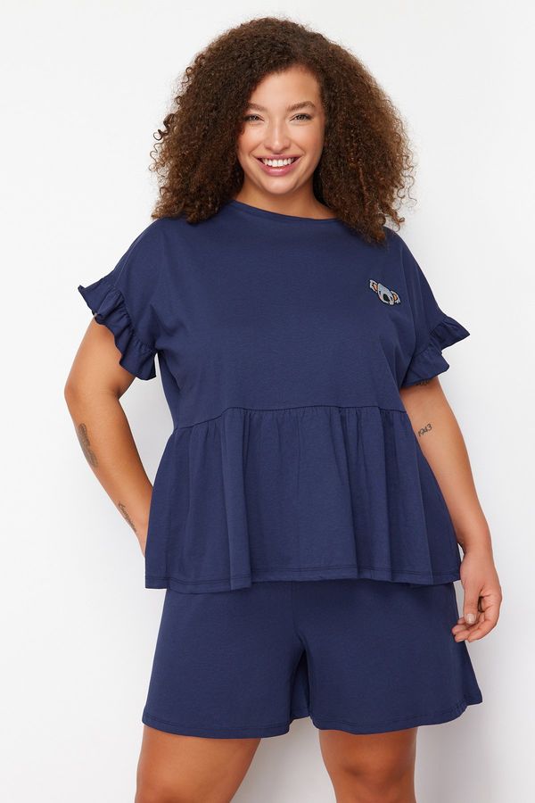 Trendyol Trendyol Curve Navy Blue Koala Embroidered Single Jersey Knitted Pajamas Set