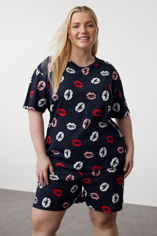 Trendyol Trendyol Curve Navy Blue Patterned Knitted Pajama Set