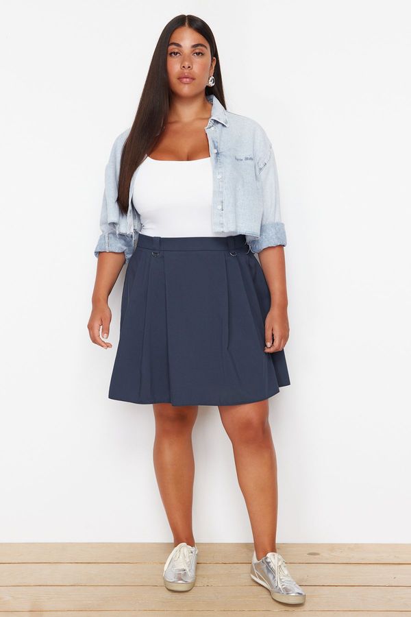 Trendyol Trendyol Curve Navy Blue Pleated Buckle Detailed Mini Woven Plus Size Skirt