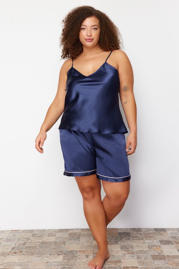 Trendyol Trendyol Curve Navy Blue Satin Piping Woven Pajamas Set