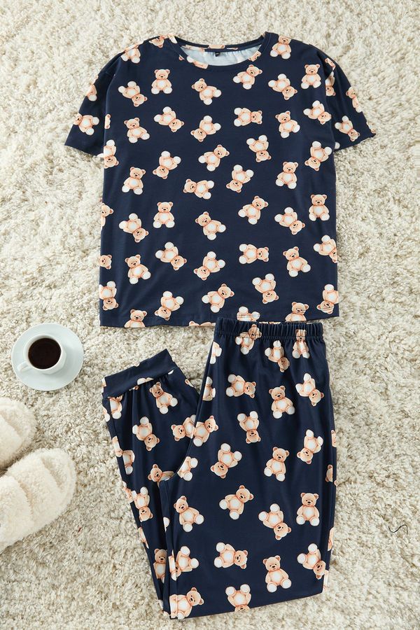 Trendyol Trendyol Curve Navy Blue Teddy Bear Patterned Jogger Fit Knitted Pajama Set