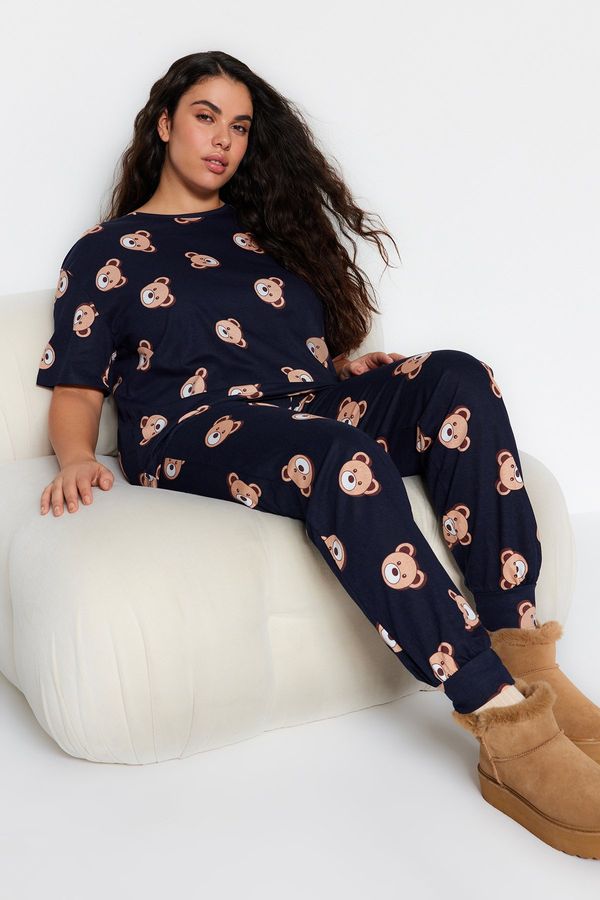 Trendyol Trendyol Curve Navy Blue Teddy Bear Patterned Knitted Pajama Set