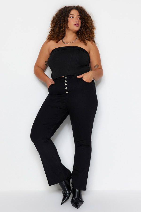 Trendyol Trendyol Curve Non-Fading Black Buttoned Front High Waist Stretchy Flare Jeans