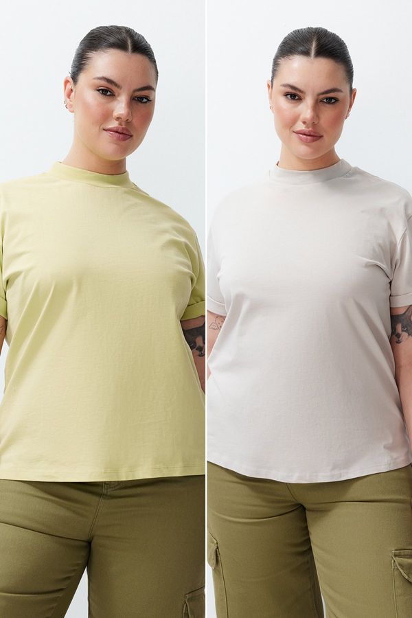 Trendyol Trendyol Curve Oil Green-Grey 2 Pack 100% Cotton Basic Stand Collar Knitted T-Shirt
