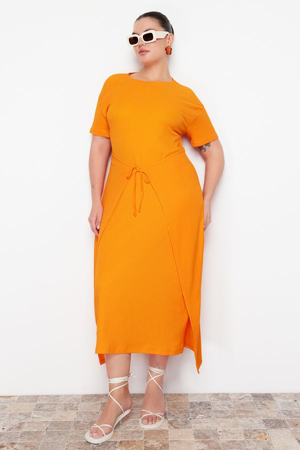 Trendyol Trendyol Curve Orange Tie Detailed Midi Knitted Dress