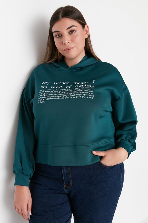 Trendyol Trendyol Curve Petrol Green Hoodie with Printed Scuba/Scuba Diving Crop Knitted Sweatshirt