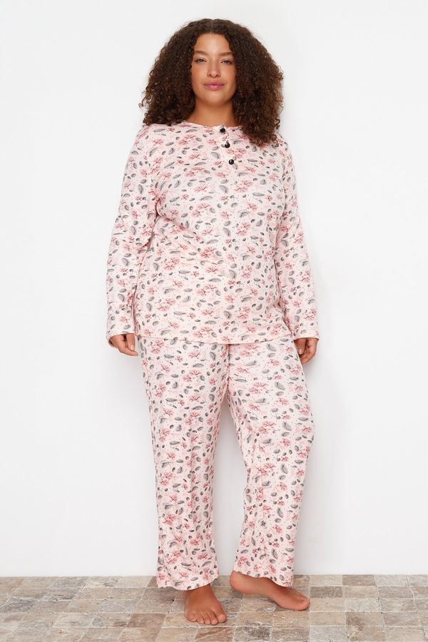 Trendyol Trendyol Curve Pink Buttoned Floral Pattern Knitted Pajamas Set