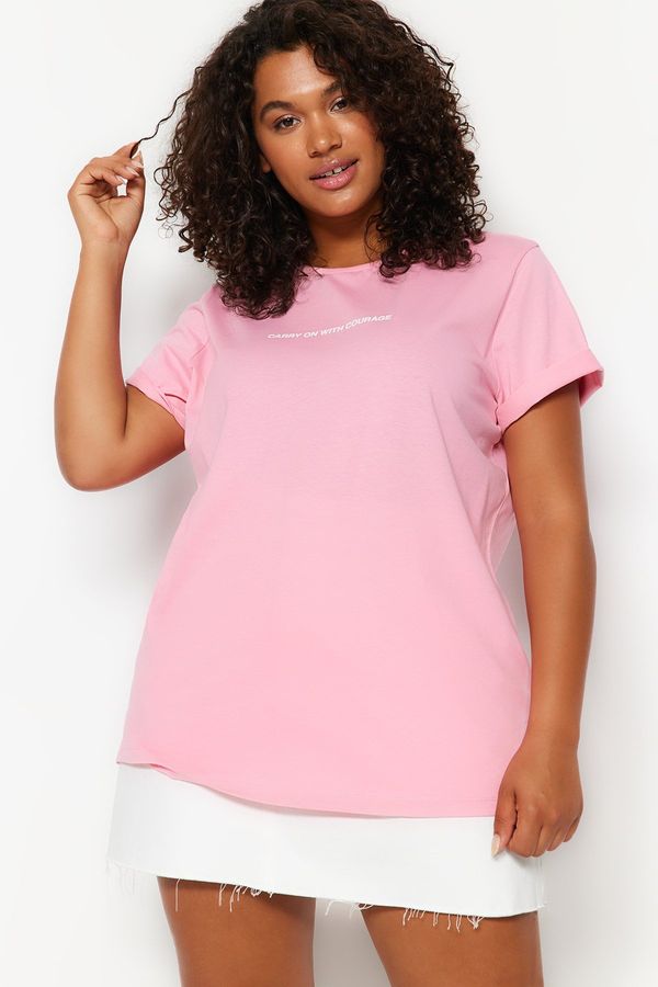Trendyol Trendyol Curve Pink Crew Neck Printed Knitted T-Shirt