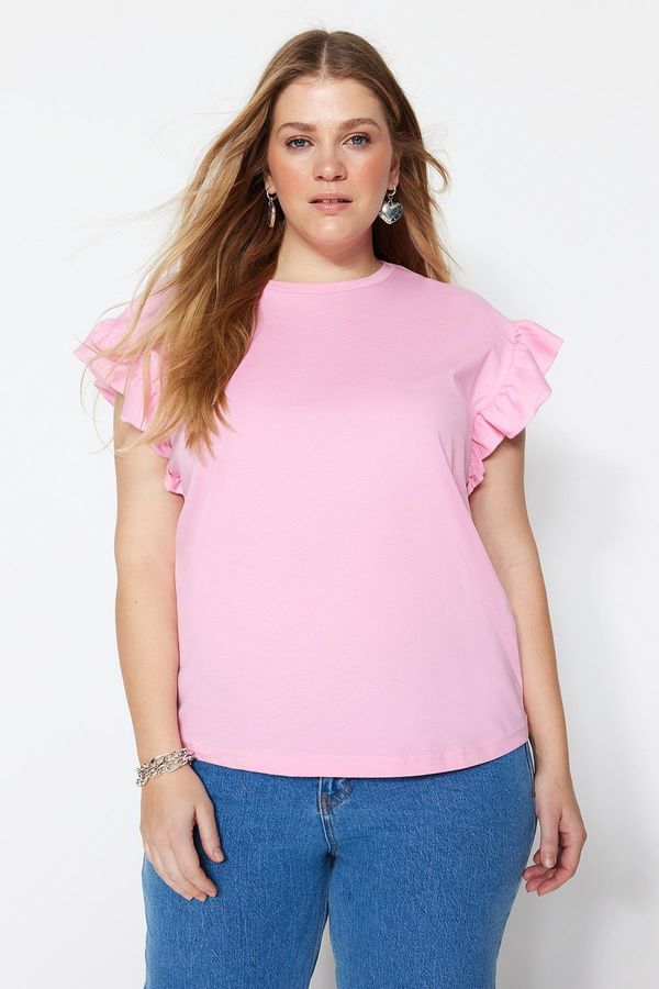 Trendyol Trendyol Curve Pink Crew Neck Sleeve Ruffle Knitted T-Shirt