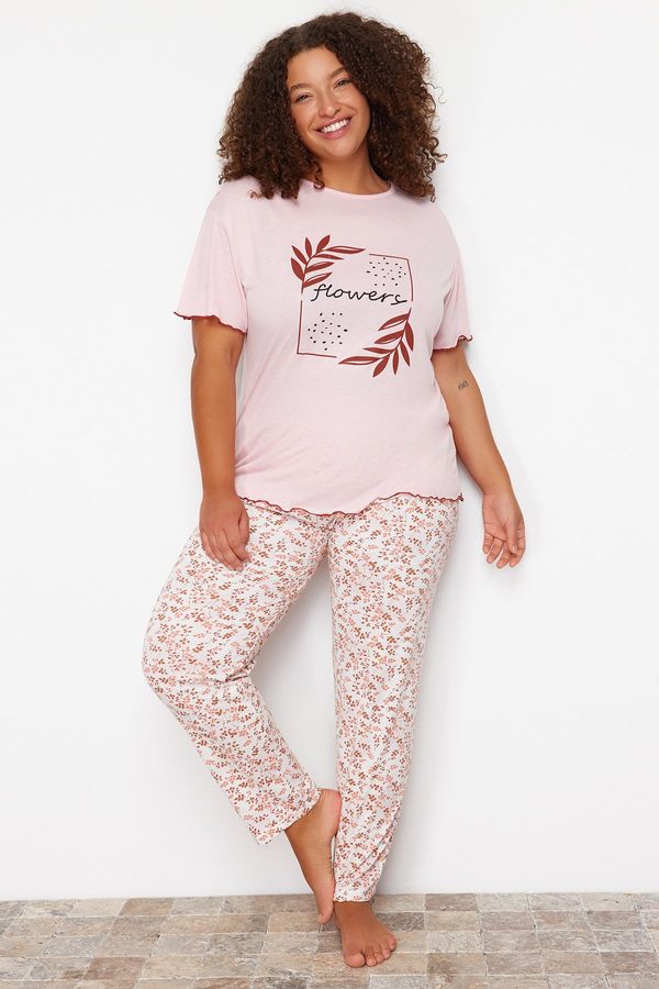 Trendyol Trendyol Curve Pink Floral Pattern Knitted Pajamas Set