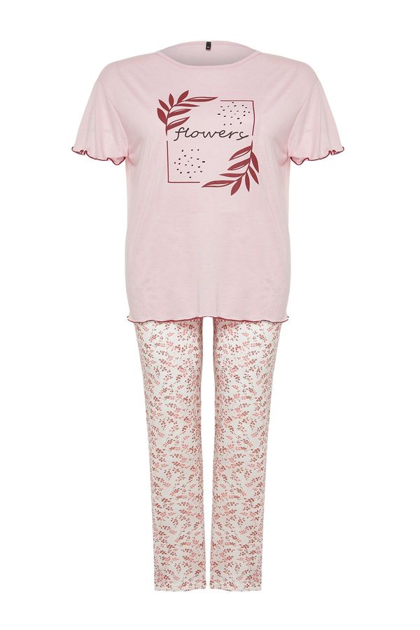 Trendyol Trendyol Curve Pink Floral Pattern Knitted Pajamas Set