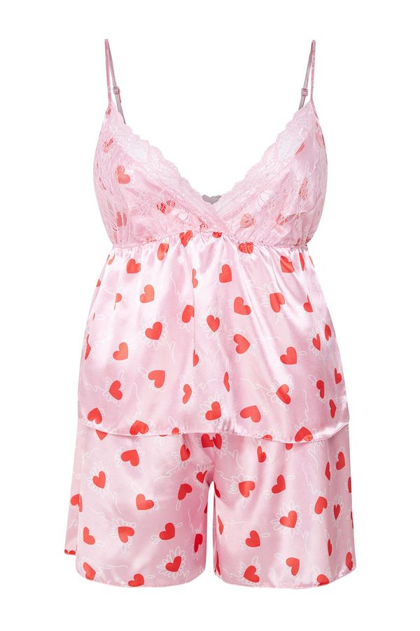 Trendyol Trendyol Curve Pink Heart Patterned Lace Satin Woven Pajama Set