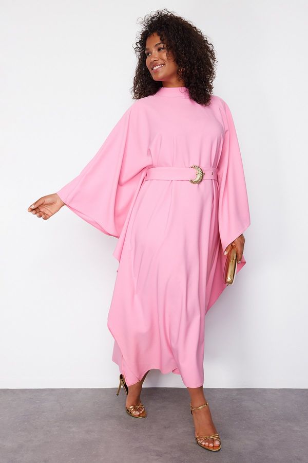 Trendyol Trendyol Curve Pink Poncho Belted Long Elegant Woven Plus Size Dress