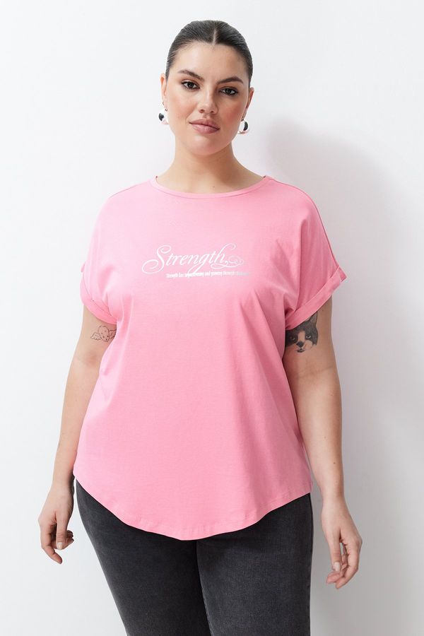 Trendyol Trendyol Curve Pink Printed Oval Cut Boyfrind Knitted T-shirt