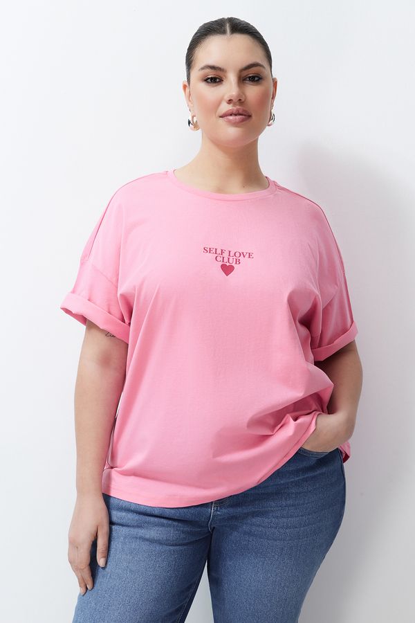 Trendyol Trendyol Curve Pink Printed Oversize Knitted T-shirt