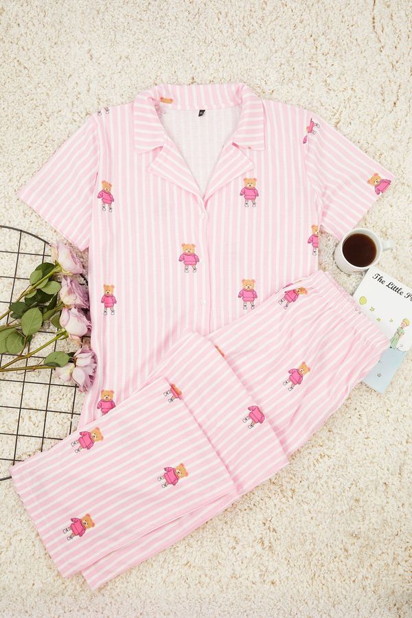 Trendyol Trendyol Curve Pink Striped Teddy Bear Patterned Shirt Collar Knitted Pajama Set