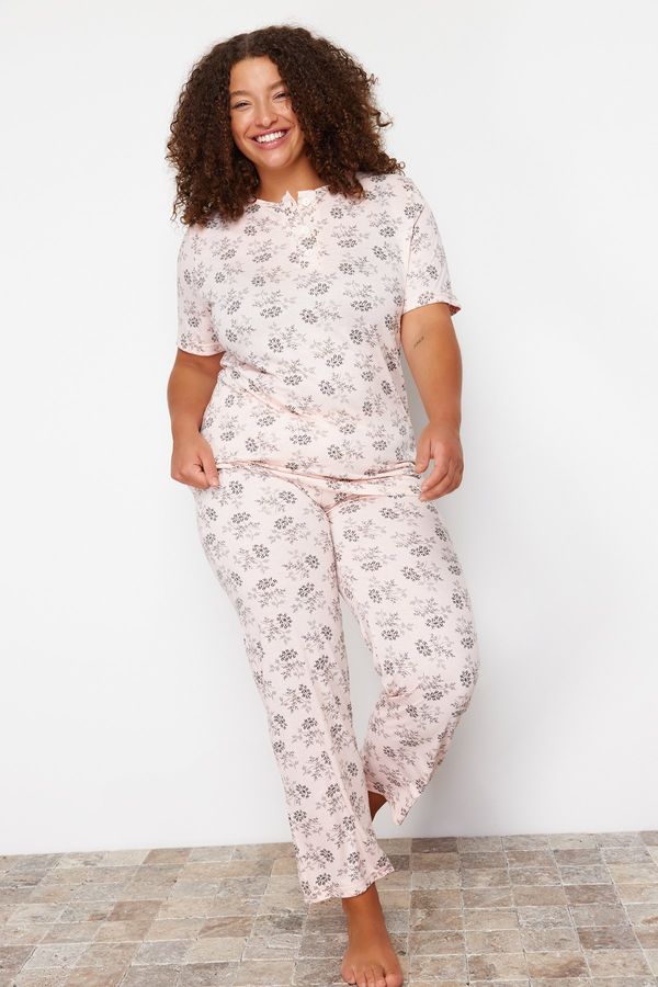 Trendyol Trendyol Curve Powder Buttoned Flower Patterned Knitted Pajamas Set