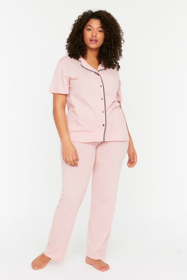 Trendyol Trendyol Curve Powder Shirt Collar Ribbed Knitted Pajamas Set