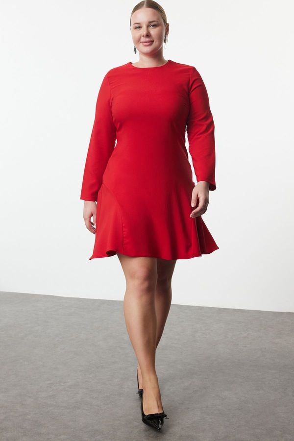 Trendyol Trendyol Curve Red Basic Long Sleeve Hidden Zipper Mini Woven Plus Size Dress