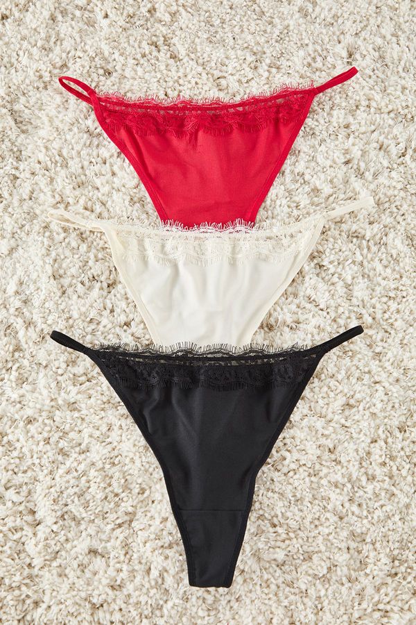 Trendyol Trendyol Curve Red-Ecru-Black 3-Pack Lace Thong Micro Plus Size Panties