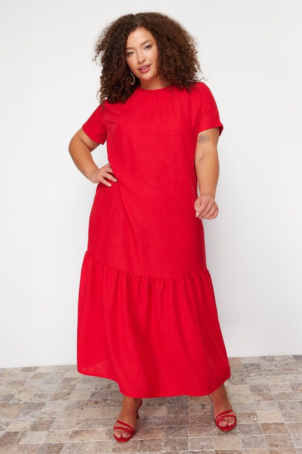Trendyol Trendyol Curve Red Fake Linen Woven Plus Size Dress