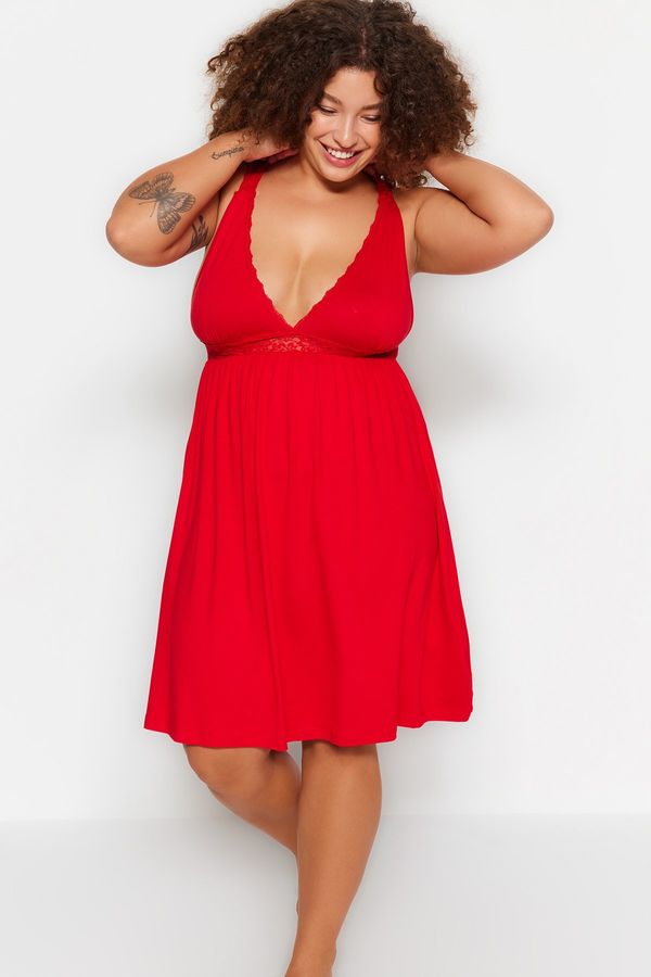 Trendyol Trendyol Curve Red Lace Detailed Knitted Nightgown