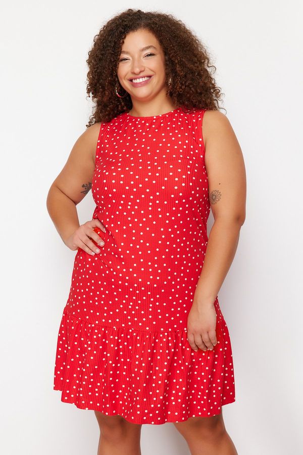 Trendyol Trendyol Curve Red Polka Dot Printed Zero Sleeve Flounce Shift/Plain Mini Flexible Knitted Dress