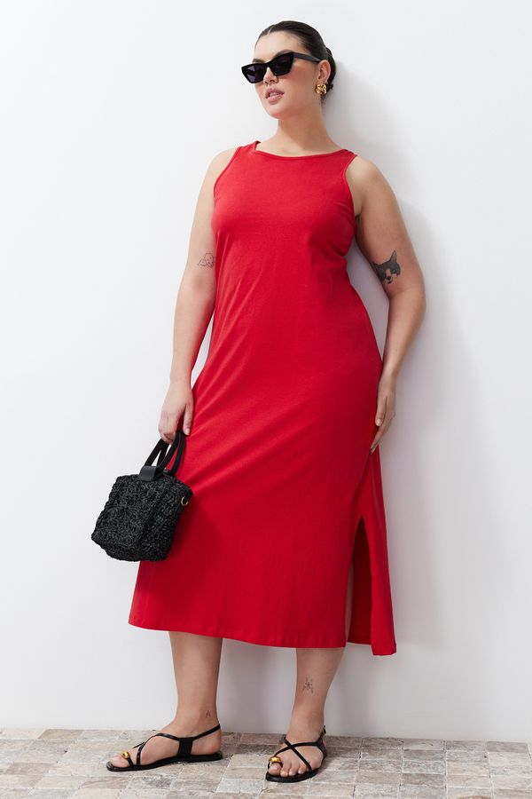 Trendyol Trendyol Curve Red Single Jersey Knitted Plus Size Dress