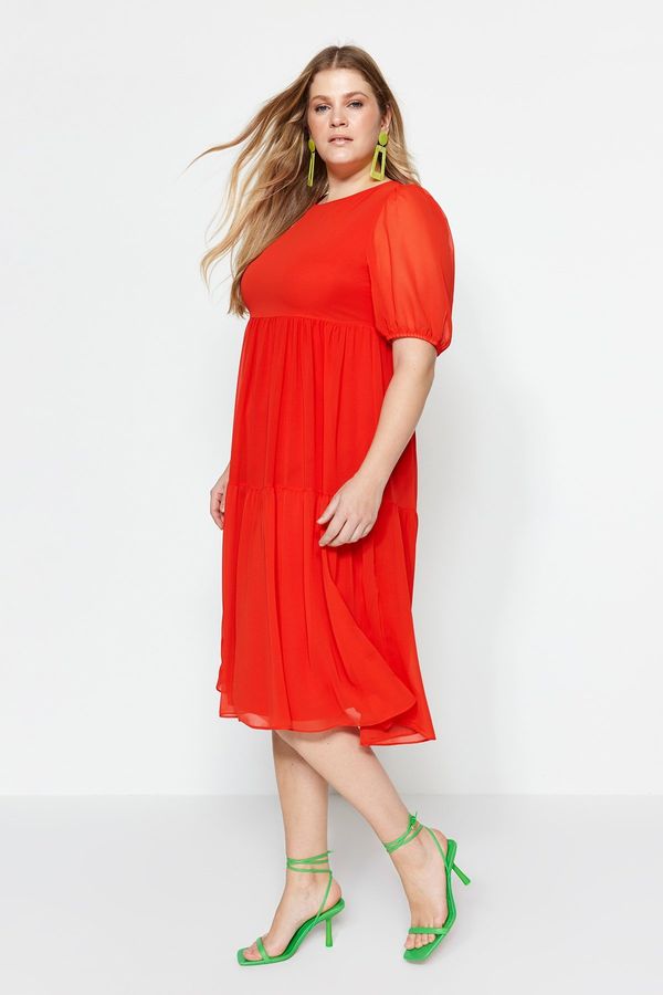 Trendyol Trendyol Curve Red Woven Chiffon Dress with Balloon Sleeves