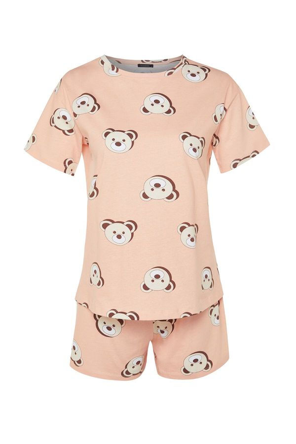 Trendyol Trendyol Curve Salmon Teddy Bear Printed Cotton Knitted Pajamas Set